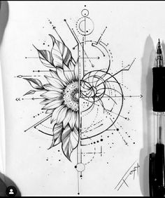 a drawing of a sunflower with geometric shapes and lines on the back of it