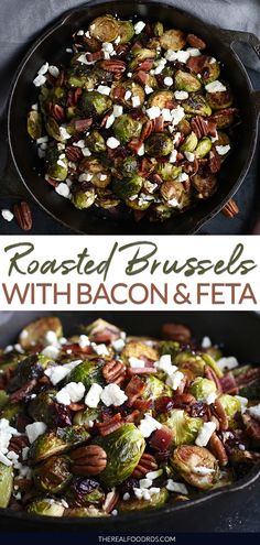 roasted brussel sprouts with bacon and feta in a cast iron skillet