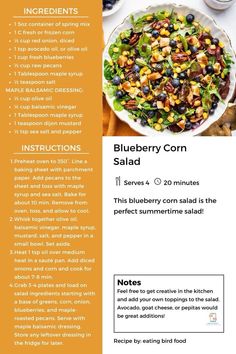 the recipe for blueberry corn salad is shown in an orange and white brochure