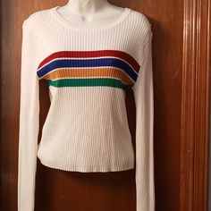 Brand New Without Tags White Retro Ribbed Tops, Retro White Ribbed Top, White Ribbed Retro Top, Retro Long Sleeve Cream Sweater, Cream Sweater, Scoop Neck, Sweaters For Women, Brand New, Tags