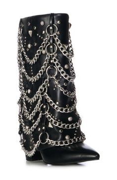 Complete your look with the abundant moto style of this pointy-toe boot covered in mixed studs and polished silvertone chains. Side zip closure Synthetic upper, lining and sole Imported Crystal Boots, Pirate Boots, Pointy Toe Boots, Pirate Fashion, Azalea Wang, Studded Boots, Tall Boot, Moto Style, Black Chain