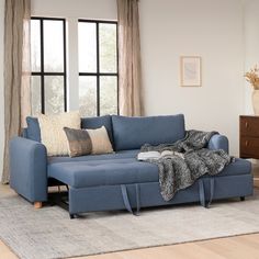 a living room with a blue couch and pillows on the floor next to a window