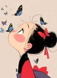 a cartoon girl looking up at butterflies flying around her