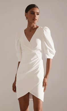 Krisa Wrap Puff Sleeve Dress in Ivory - Estilo Boutique Slip On Dress, Breezy Dress, Bridal Event, Flattering Dress, Puff Sleeve Dress, Evening Look, Mother Denim, Flattering Dresses, Stretch Crepe