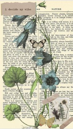 an old book page with blue flowers and green leaves on the bottom half of it