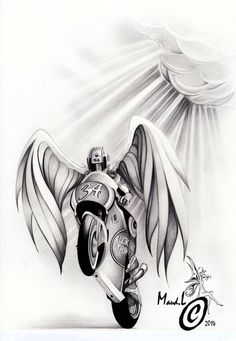 a drawing of a motorcycle with angel wings on it's back tire and the sun shining through the clouds