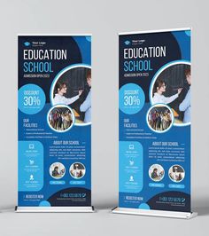 two roll up banners with blue and black colors on them, one is for education school