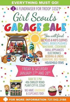 an advertisement for the girls scouts garage sale