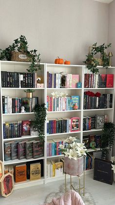 a book shelf filled with lots of books next to a chair and potted plant