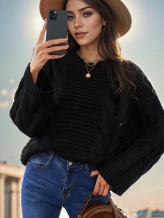 Orcajump - Casual Cable Loose Knit Sweater, Solid Crew Neck Long Sleeve Fashion Fall Winter Knit Sweater, Women's Clothing Loose Knit Sweater, Winter Knit Sweater, Long Sleeve Fashion, Loose Knit Sweaters, Sweater Women's, Sleeve Fashion, Loose Knit, Fashion Fall, Winter Knits