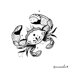 a black and white drawing of a crab on a white background, with stars in the sky