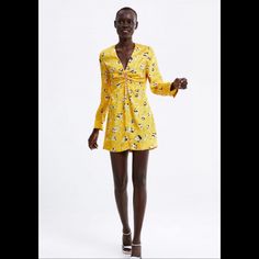 Adorable Rhinestone Buttoned Yellow Floral Dress Yellow Floral Print Mini Dress For Party, Yellow Long Sleeve Mini Dress For Cocktail, Elegant Yellow Floral Print Mini Dress, Yellow Long Sleeve Cocktail Dress, Zara Yellow Party Dress, Yellow Long Sleeve Dress For Date Night, Yellow Floral Print Mini Dress For Cocktail, Yellow Floral Print Dress For Date Night, Zara Yellow V-neck Mini Dress