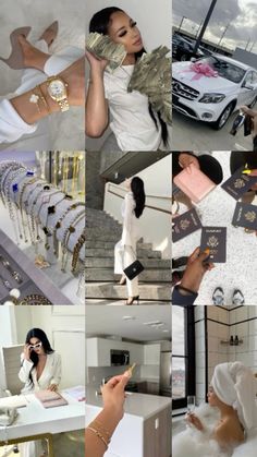 a collage of photos with women in white outfits and gold jewelry on their hands