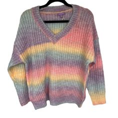 Purple Lava Women’s Cotton Candy Striped Oversized Colorful Sweater Medium Nwot Cotton/Acrylic Blend Super Soft And Cozy Very Oversized Fit Brand New With Hangtag String, But No Tag Smoke Free Pet Free Home Fast Shipping! 26” Pit To Pit 27” Top To Bottom 130 Trendy Multicolor V-neck Sweater, Oversized Purple V-neck Sweater, Trendy Purple V-neck Sweater, Oversized Rainbow Casual Sweater, Colorful Oversized Casual Sweater, Casual Oversized Rainbow Sweater, Oversized Purple Knit Sweater, Candy Stripes, Cotton Candy