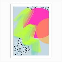 an abstract painting in pink, yellow and green with dots on the bottom of it