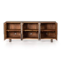 the sideboard is made out of wood and has three compartments on each side, one with