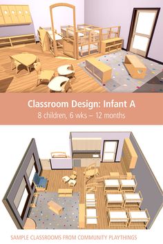 This layout design for an Infant classroom includes a protective, gated divider around a napping area, a carpeted play area, cubbies, and separated feeding and diapering areas. Click through to view the labeled floor plan and 3-D rendering, plus a complete pricelist, so you can purchase furniture for a whole room or pick and choose ideas. Visit our “Classroom Layout Designs” board to explore more! Preschool Infant Room, Group Family Daycare Setup, Small Childcare Room Ideas, Infant Room Design, Montessori Infant Classroom Layout, Daycare Furniture Ideas, Daycare Center Infant Room Ideas, Infant Room Set Up Daycare, Small Infant Room Daycare Layout