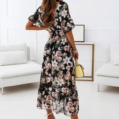 Product Title :V-Neck Floral Midi A-Line DressProduct Measurements cm S: Bust: 86cm-104cm, Shoulder-Sleeve: 31cm, Waist: 60cm-96cm, Total Length: 121cmM: Bust: 90cm-108cm, Shoulder-Sleeve: 32cm, Waist: 64cm-100cm, Total Length: 122cmL: Bust: 94cm-112cm, Shoulder-Sleeve: 33cm, Waist: 68cm-104cm, Total Length: 123cmXL: Bust: 98cm-116cm, Shoulder-Sleeve: 34cm, Waist: 72cm-108cm, Total Length: 124cm2XL: Bust: 102cm-120cm, Shoulder-Sleeve: 35cm, Waist: 76cm-112cm, Total Length: 125cm There may be a 2 Casual Black Short Sleeve V-neck Dress, Black V-neck Dress For Summer Brunch, Black Casual V-neck Short Sleeve Dress, Black Short Sleeve V-neck Casual Dress, Black Casual V-neck Dress With Short Sleeves, Fitted Black V-neck Beach Dress, Black Short Sleeve V-neck Dress For Spring, Black V-neck Dress With Short Sleeves For Spring, Elegant Black Floral Dress For Vacation