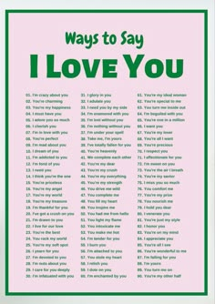 a poster with the words i love you written in green on pink and white background