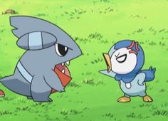 two cartoon characters standing in the grass with one looking at the other's face