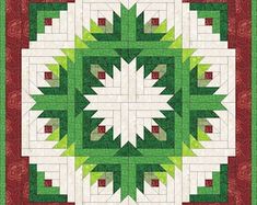 a green and white quilted design on a red table cloth with leaves in the center