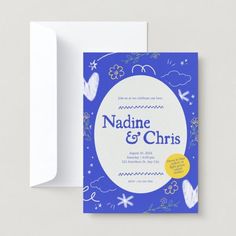 a blue and white wedding card with the words naddine & chers on it