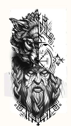 a black and white drawing of a wolf with a clock on it's face