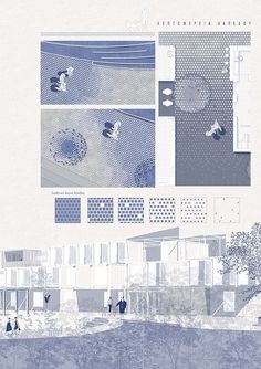 an architectural diagram shows the various sections of a building and its surrounding area, with people walking around