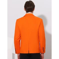 This blazer features a solid color that is versatile enough to be worn with formal or casual outfits for a variety of stylish looks. Wear it with a dress shirt, trousers, and a tie for a formal look. Whether you're heading to a job interview, business meeting, or special event, this solid business blazer will keep you looking sophisticated all day long. Tailored Orange Blazer For Business, Formal Orange Single Breasted Blazer, Formal Orange Notch Lapel Outerwear, Formal Orange Outerwear With Notch Lapel, Formal Fitted Orange Outerwear, Orange Fitted Formal Outerwear, Classic Orange Blazer For Workwear, Classic Orange Blazer For Work, Orange Long Sleeve Formal Blazer