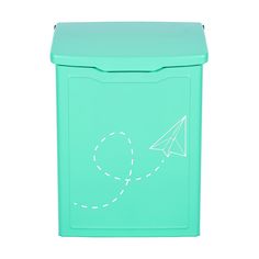 a green trash can with a paper airplane drawn on it