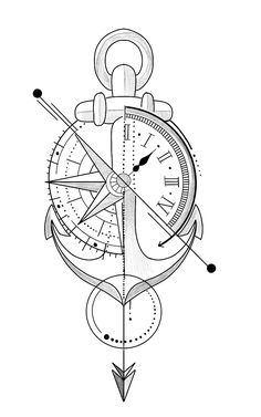 a black and white drawing of an anchor with a clock on it's side