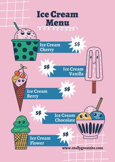 an ice cream menu with different types of ice creams and toppings on it