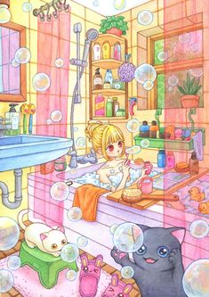 If you click on the picture, you'll find a site where you can purchase prints.🥰 Bathroom Illustration Drawing, Bathroom Illustration, Bubble Drawing, Girly Graphics, Anime Cover Photo, Pretty Images, Cute Coloring Pages, Kawaii Drawings, Bubble Bath