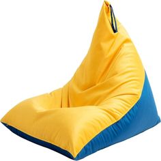 a yellow and blue bean bag chair sitting on top of a white floor next to a pillow