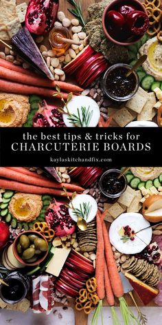 an assortment of food with text overlay that says healthy tips and tricks for charcuterie boards