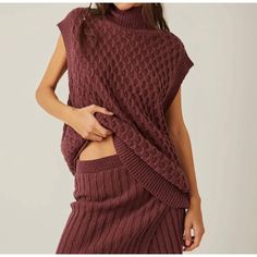 Free People Rosemary Sweater Womens S Plum Jam Purple Sleeveless Tunic Top Only Mock Neck Sleeveless Oversized Textured, Modified Cable Knit Retail $182 **Please Note: Originally Part Of A Set-Listing Is For Top Only Condition: New Without Tags, Tiny Discolored Area At The Hem, No Other Flaws-See Photos For Details Color: Plum Jam Material: Cotton Blend Knit Bust 24" Length 30" - All Measurements Are Taken Flat Across One Side(Unless Otherwise Noted), Please Double To Get The Measurement All The Skirt Sweater, Plum Jam, Sleeveless Tunic Tops, Loungewear Jumpsuit, Sleeveless Tunic, Sleeveless Vest, Cute Sweaters, Sweater Set, Two Piece Outfit