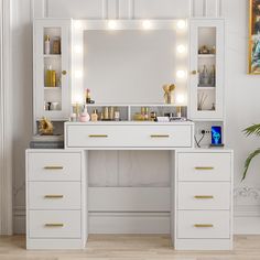 a white vanity with lighted lights and drawers