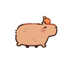 a drawing of a pig with an apple on its head