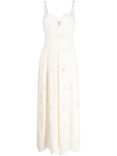 off-white broderie anglaise sweetheart neck sleeveless fitted waistline A-line pleated skirt high-low hem Elie Saab Dresses, Embroidered Tulle Dress, Tulle Midi Dress, Midi Dress White, Embellished Jacket, Embroidered Midi Dress, Strapless Midi Dress, Maxi Jersey Dress, Tulle Gown