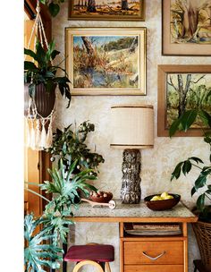 a room with pictures and plants on the wall