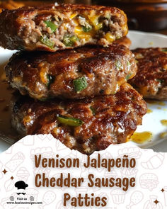 two hamburger patties stacked on top of each other with the words, venison jalapeno cheddar sausage patties