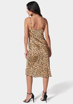 Printed Satin Midi Dress | bebe Satin Midi Dress, Bebe Dresses, Wardrobe Style, Cheetah Print, Cowl Neck, Latest Fashion Trends, Casual Looks, Print Dress, Fashion Forward