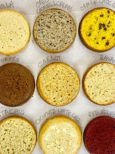 an assortment of cookies with different flavors on them