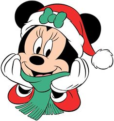 a cartoon mickey mouse with a santa hat and scarf around his neck, looking at the camera