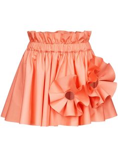 salmon pink shell ruffled floral appliqué cut-out detailing high paperbag waist elasticated waistband thigh-length Pink Ruffle Skirt, Flower Cutout, Mini Skirt Pink, Coral Skirt, Pink Floral Skirt, Skirt Images, Ruffle Flower, Flower Skirt, Fringe Skirt