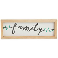 a wooden sign with the word family written in black and green leaves on it, against a white background