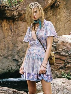 Buy More, SAVE More! Cute Simple Dresses, Bohemian Casual Dress, Floral Outfit Summer, Floral Homecoming Dresses, Bohemian Pants, Spring Outfits Dresses, Dress Lilac, Bohemian Girls, Bohemian Skirt