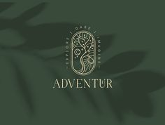 the logo for adventure is shown on a dark green background with leaves and an image of a tree