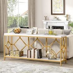 a living room scene with focus on the console table