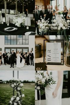 a collage of wedding photos with white flowers and greenery